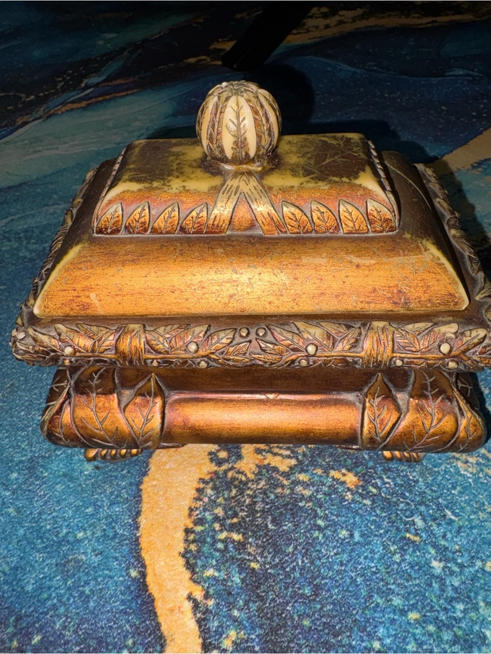 Hand-Carved Decorative Accent Box in Aged Copper-Bronze